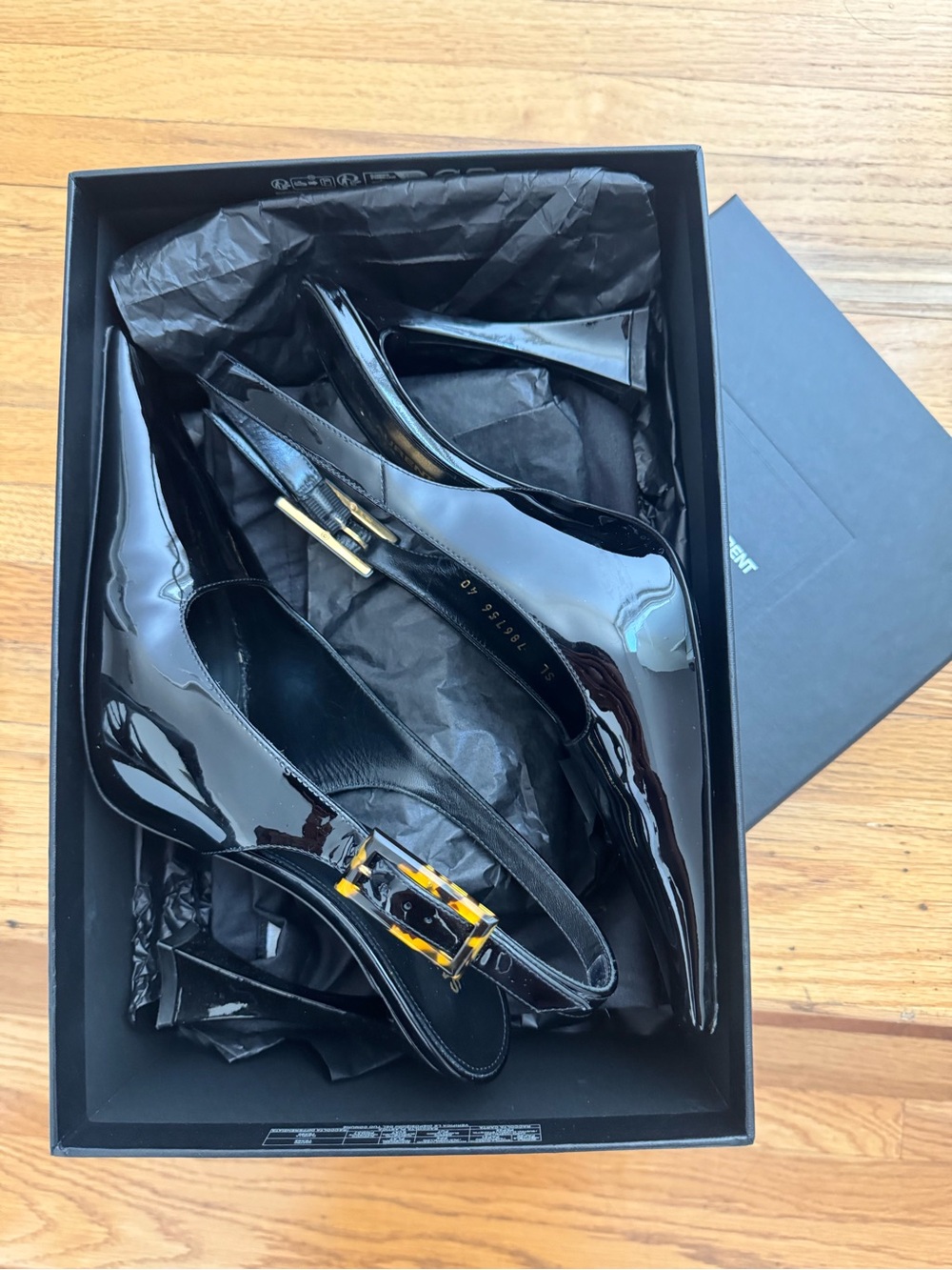Yves Saint Laurent Black Patent Slingback Heels with Tortoiseshell Buckle